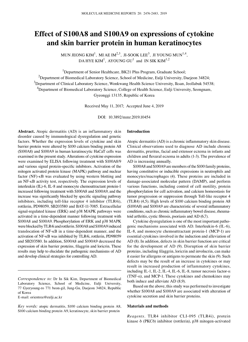 Effect of S100A8 and S100A9 on Expressions of Cytokine and Skin Barrier Protein in Human Keratinocytes