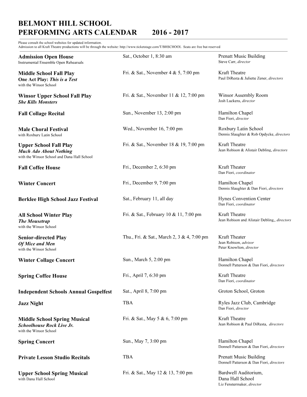 Belmont Hill School Performing Arts Calendar 2016 - 2017