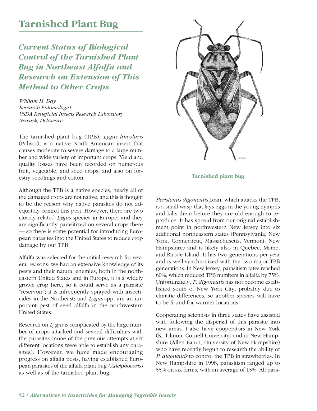 Current Status of Biological Control of the Tarnished Plant Bug in Northeast Alfalfa and Research on Extension of This Method to Other Crops