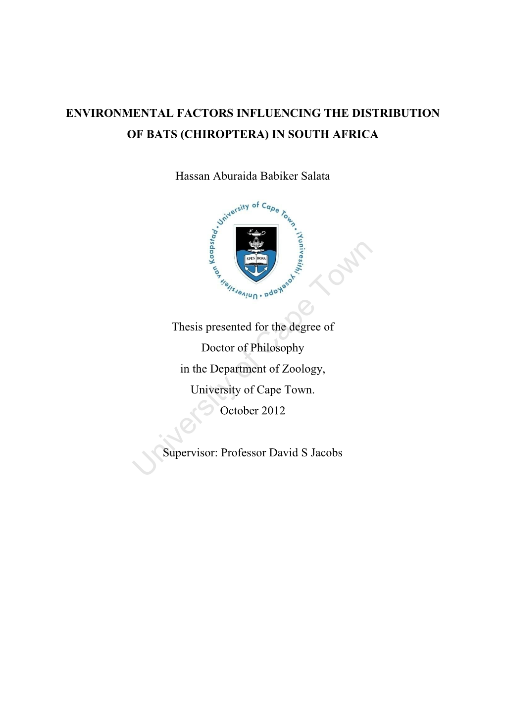 Environmental Factors Influencing the Distribution of Bats (Chiroptera) in South Africa