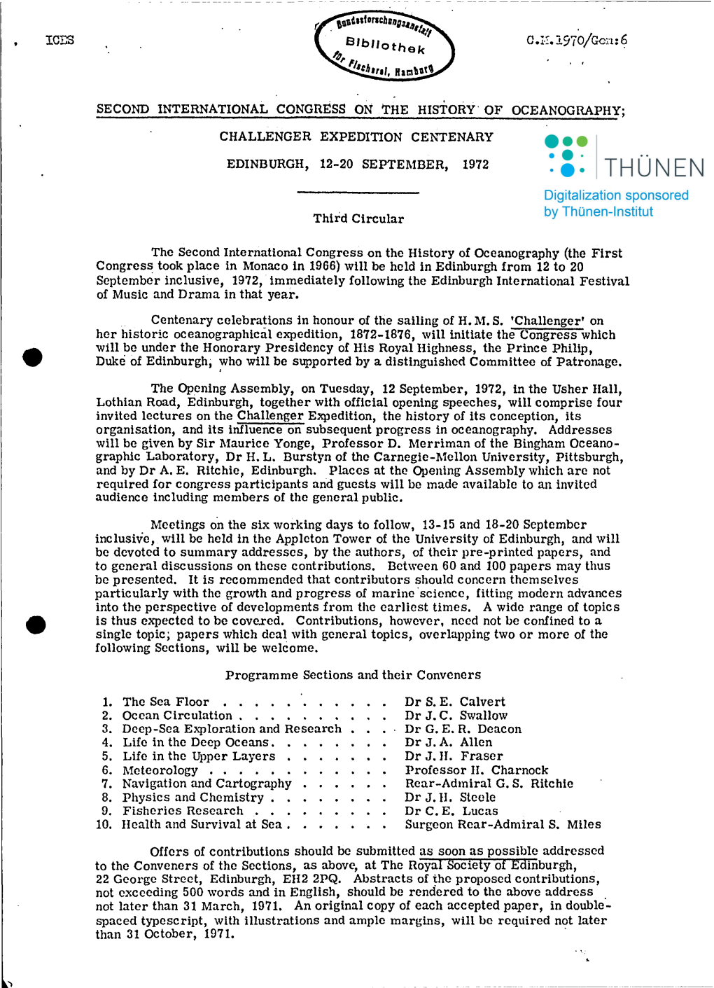 Second International Congress on the History' of Oceanography; Challenger Expedition Centenary Edinburgh, 12-20 September, 1972