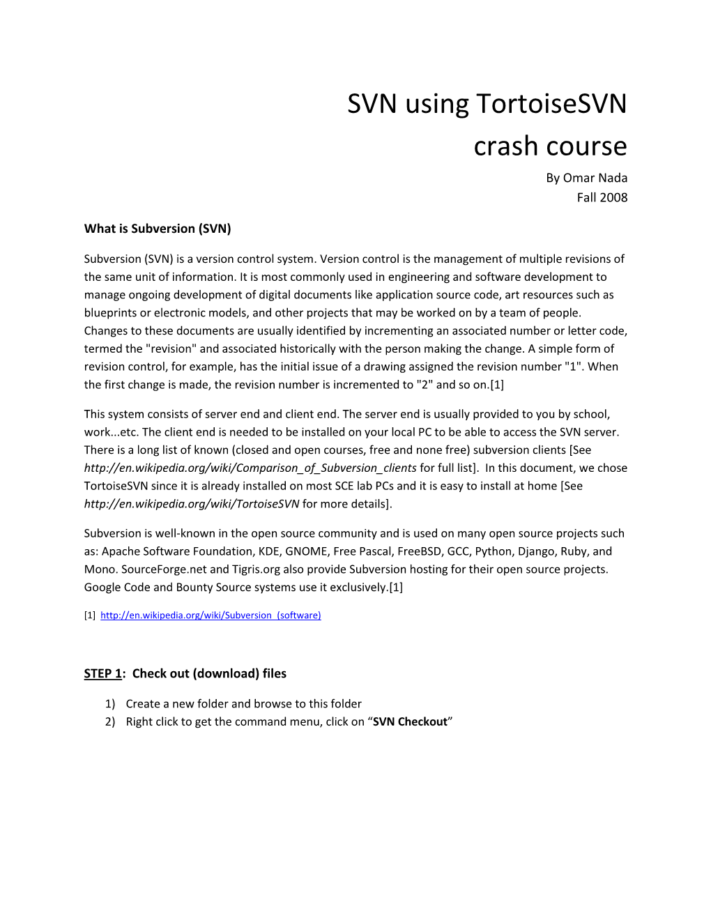 SVN Using Tortoisesvn Crash Course by Omar Nada Fall 2008