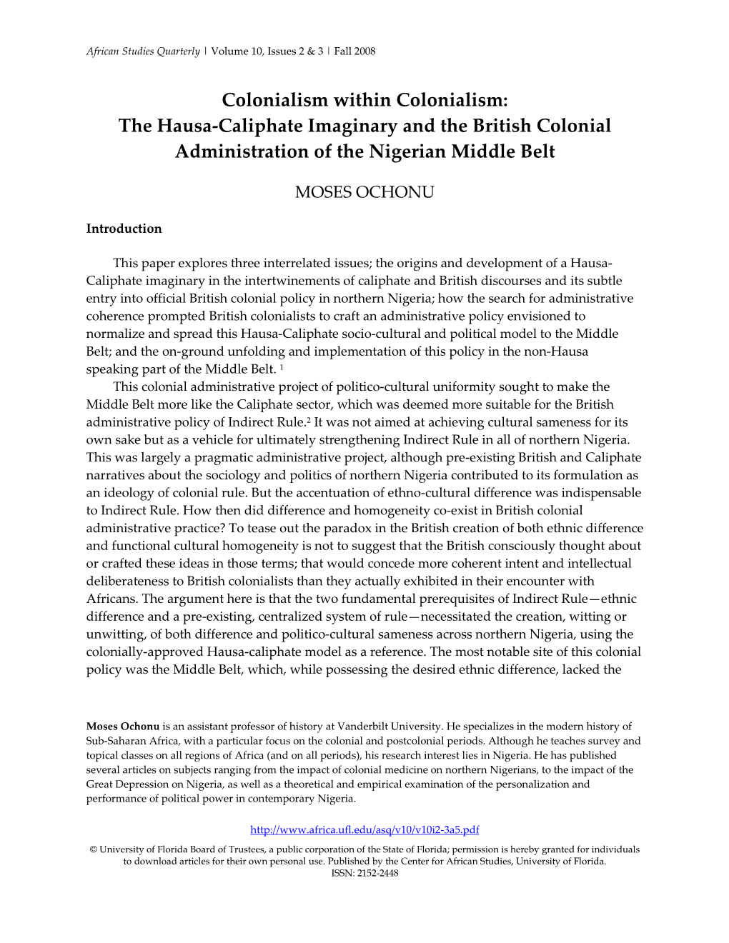 The Hausa-Caliphate Imaginary and the British Colonial Administration of the Nigerian Middle Belt