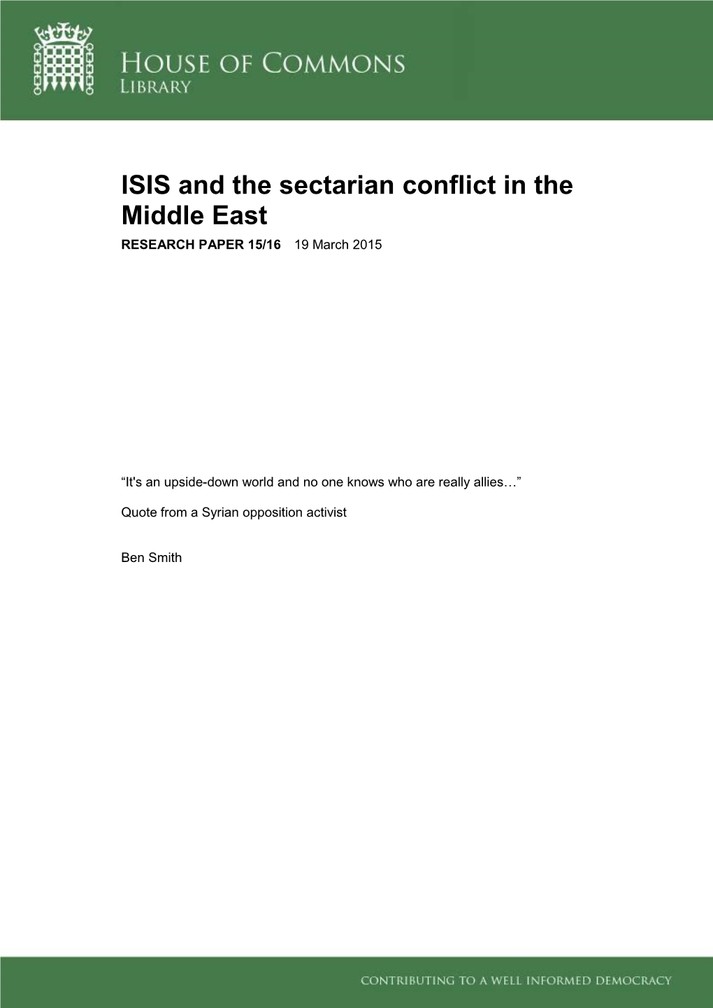ISIS and the Sectarian Conflict in the Middle East RESEARCH PAPER 15/16 19 March 2015