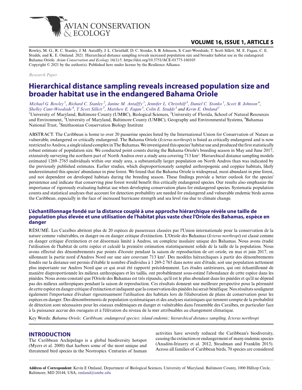 Hierarchical Distance Sampling Reveals Increased Population Size and Broader Habitat Use in the Endangered Bahama Oriole