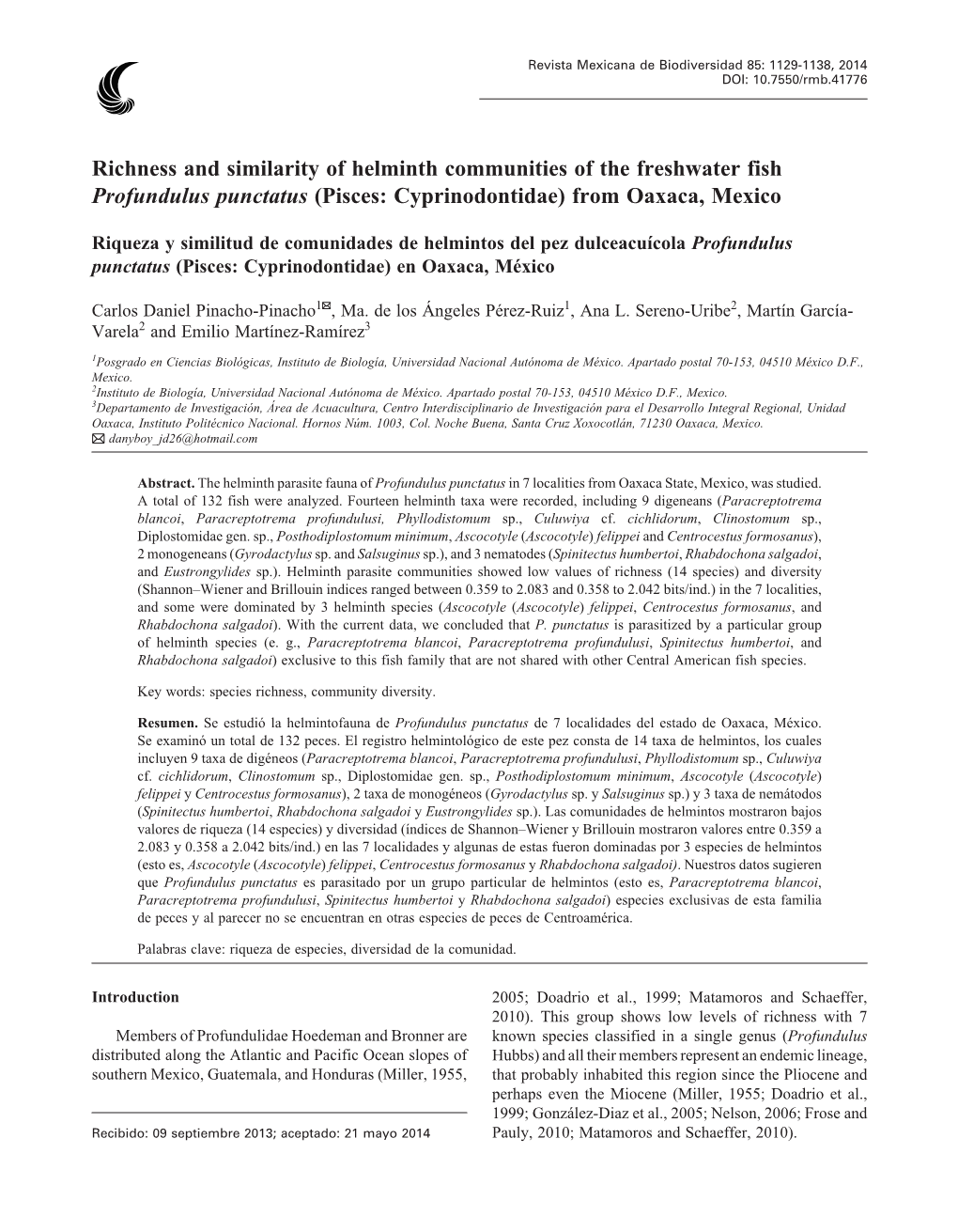 Richness and Similarity of Helminth Communities of the Freshwater Fish Profundulus Punctatus (Pisces: Cyprinodontidae) from Oaxaca, Mexico