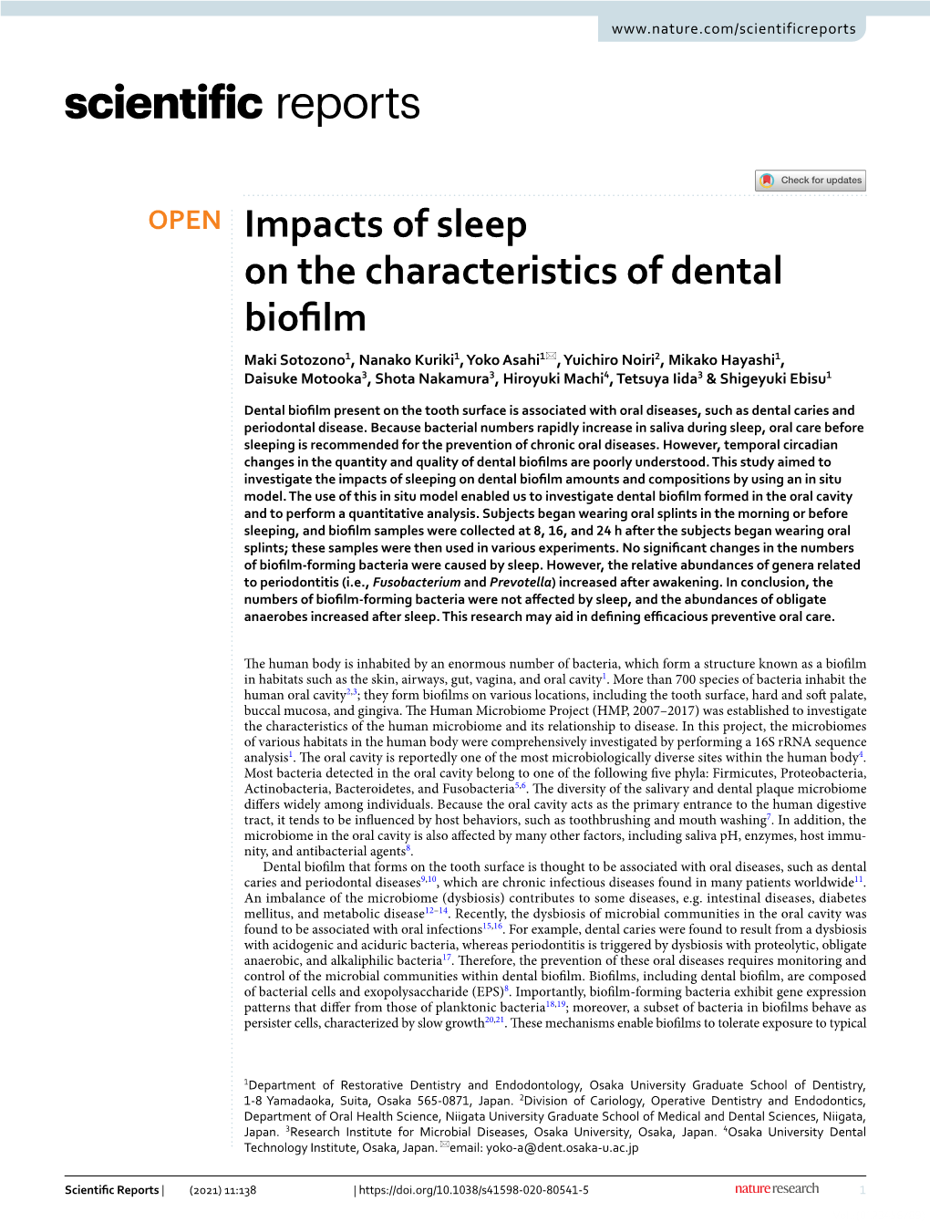 Impacts of Sleep on the Characteristics of Dental Biofilm