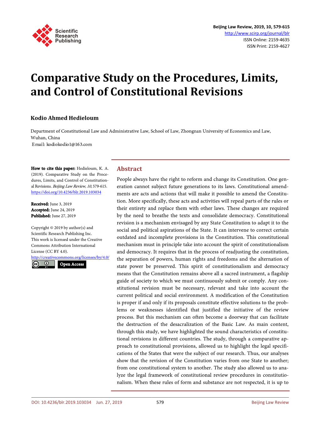 Comparative Study on the Procedures, Limits, and Control of Constitutional Revisions