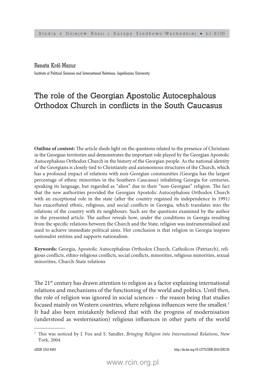 The Role of the Georgian Apostolic Autocephalous Orthodox Church in Conflicts in the South Caucasus