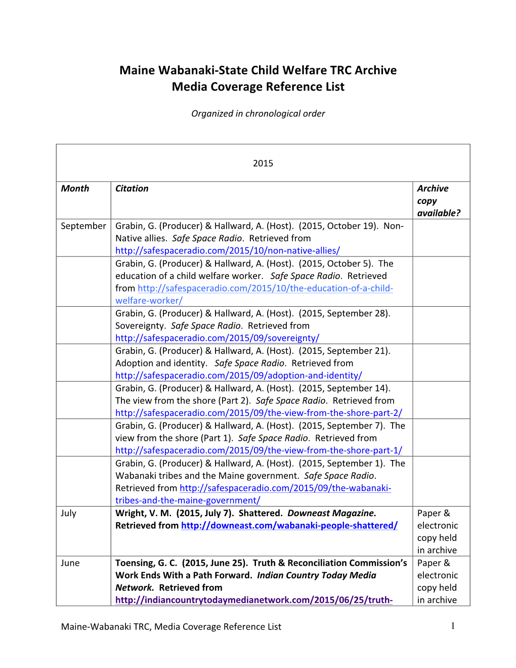 Maine Wabanaki-State Child Welfare TRC Archive Media Coverage Reference List