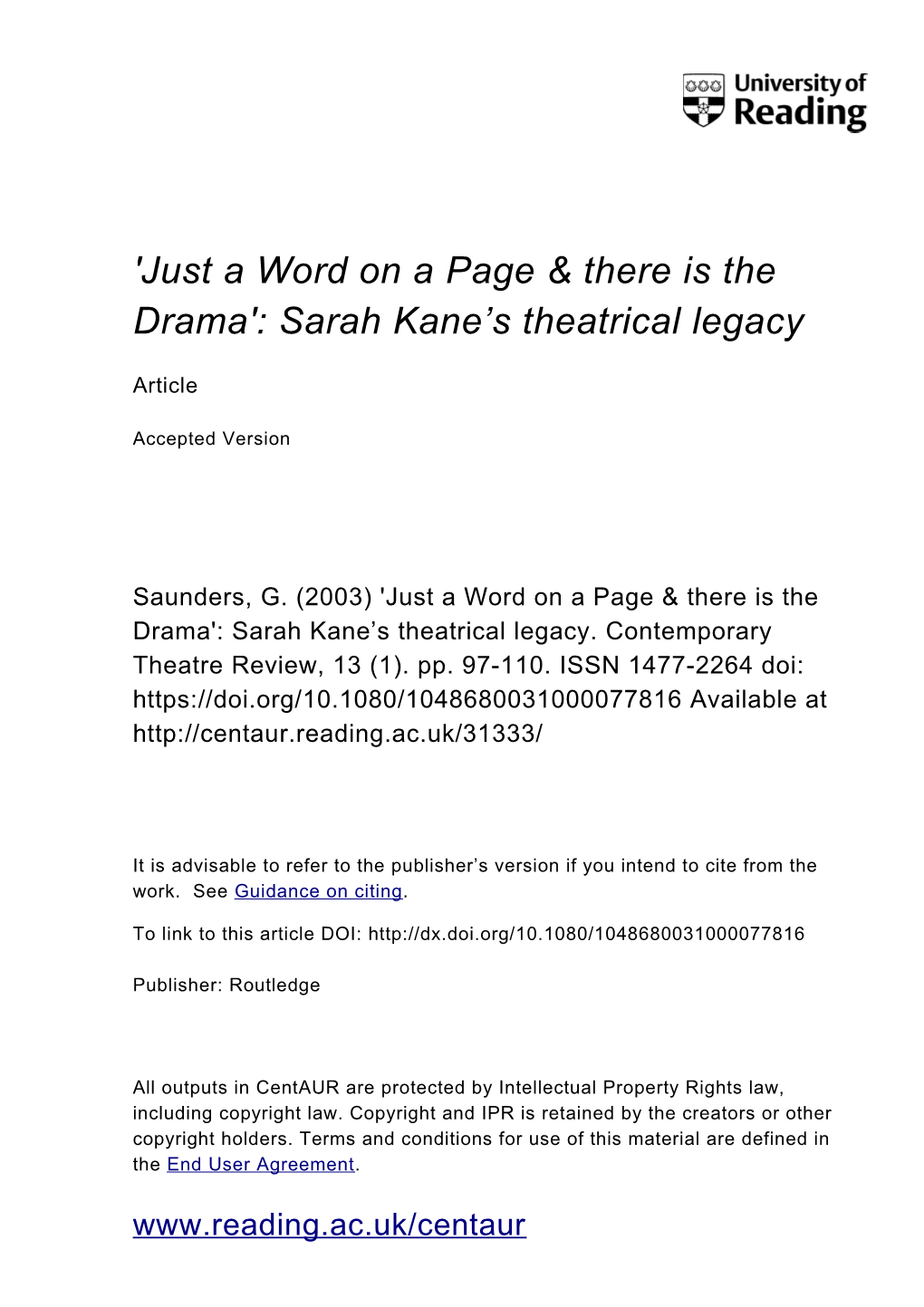 Sarah Kane's Theatrical Legacy