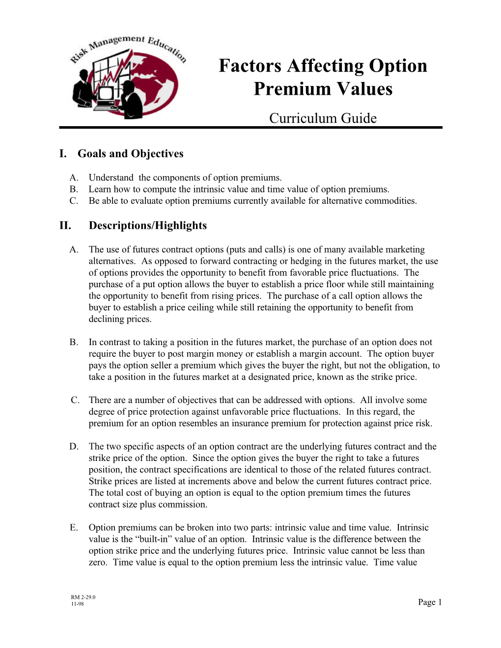 Factors Affecting Option Premium Values Curriculum Guide