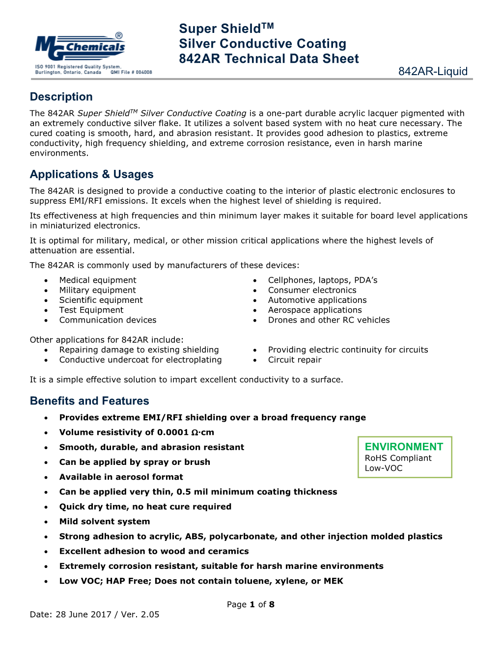 Super Shieldtm Silver Conductive Coating 842AR Technical Data Sheet 842AR-Liquid