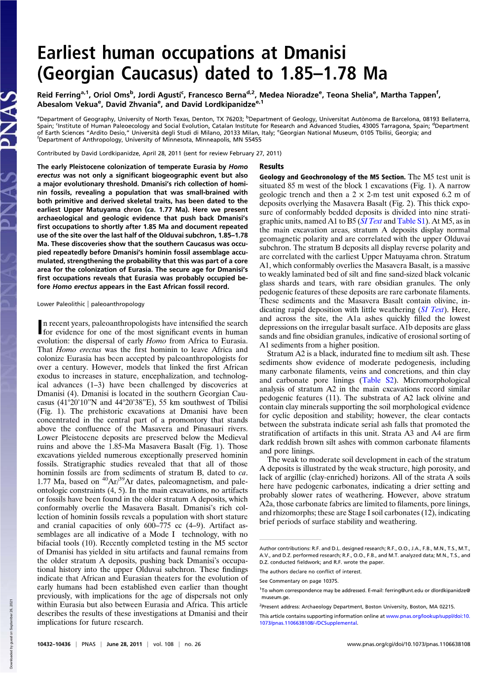 Earliest Human Occupations at Dmanisi (Georgian Caucasus) Dated to 1.85–1.78 Ma