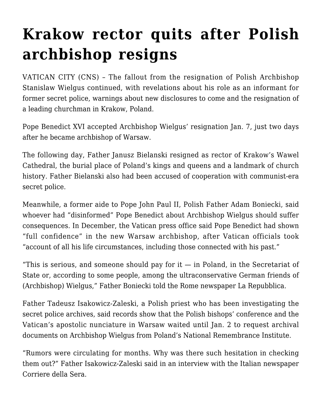 Krakow Rector Quits After Polish Archbishop Resigns
