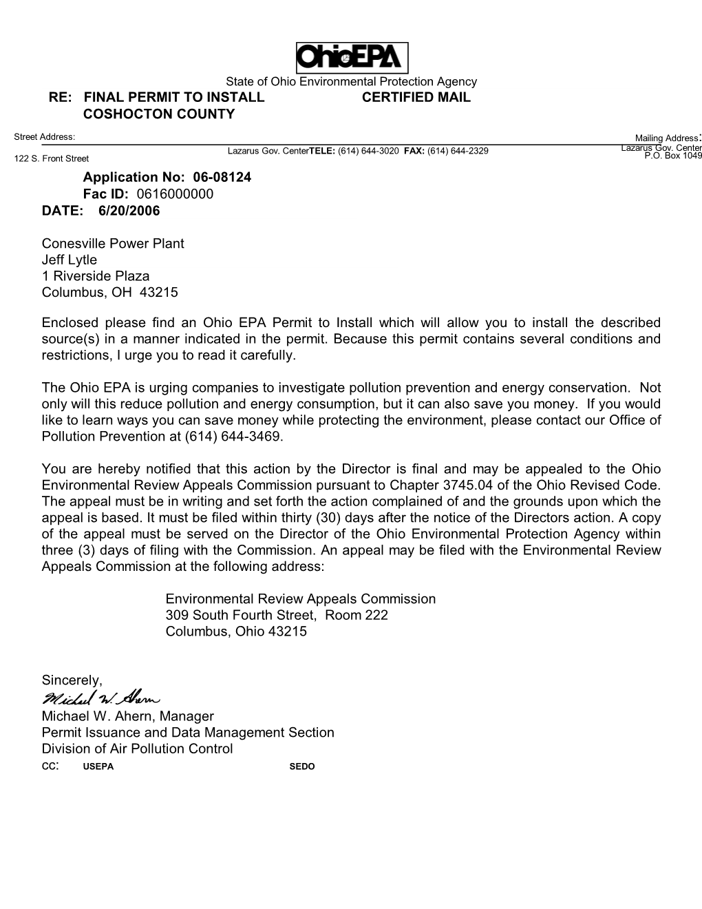 Re: Final Permit to Install Certified Mail Coshocton County