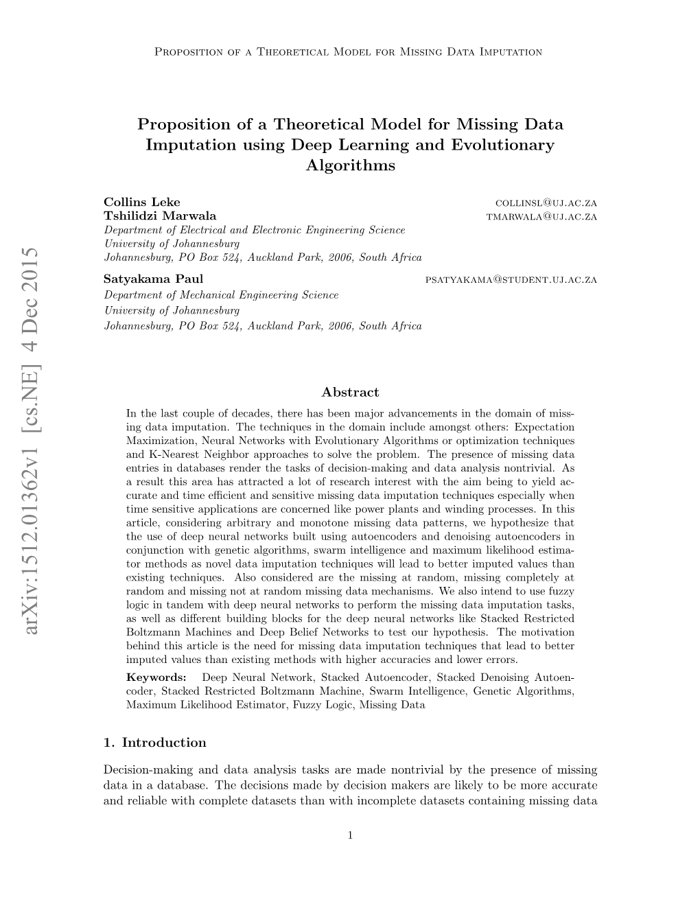 Arxiv:1512.01362V1 [Cs.NE] 4 Dec 2015 Boltzmann Machines and Deep Belief Networks to Test Our Hypothesis