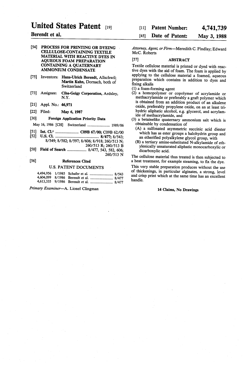 United States Patent (19) (11) Patent Number: 4,741,739 Berendt Et Al
