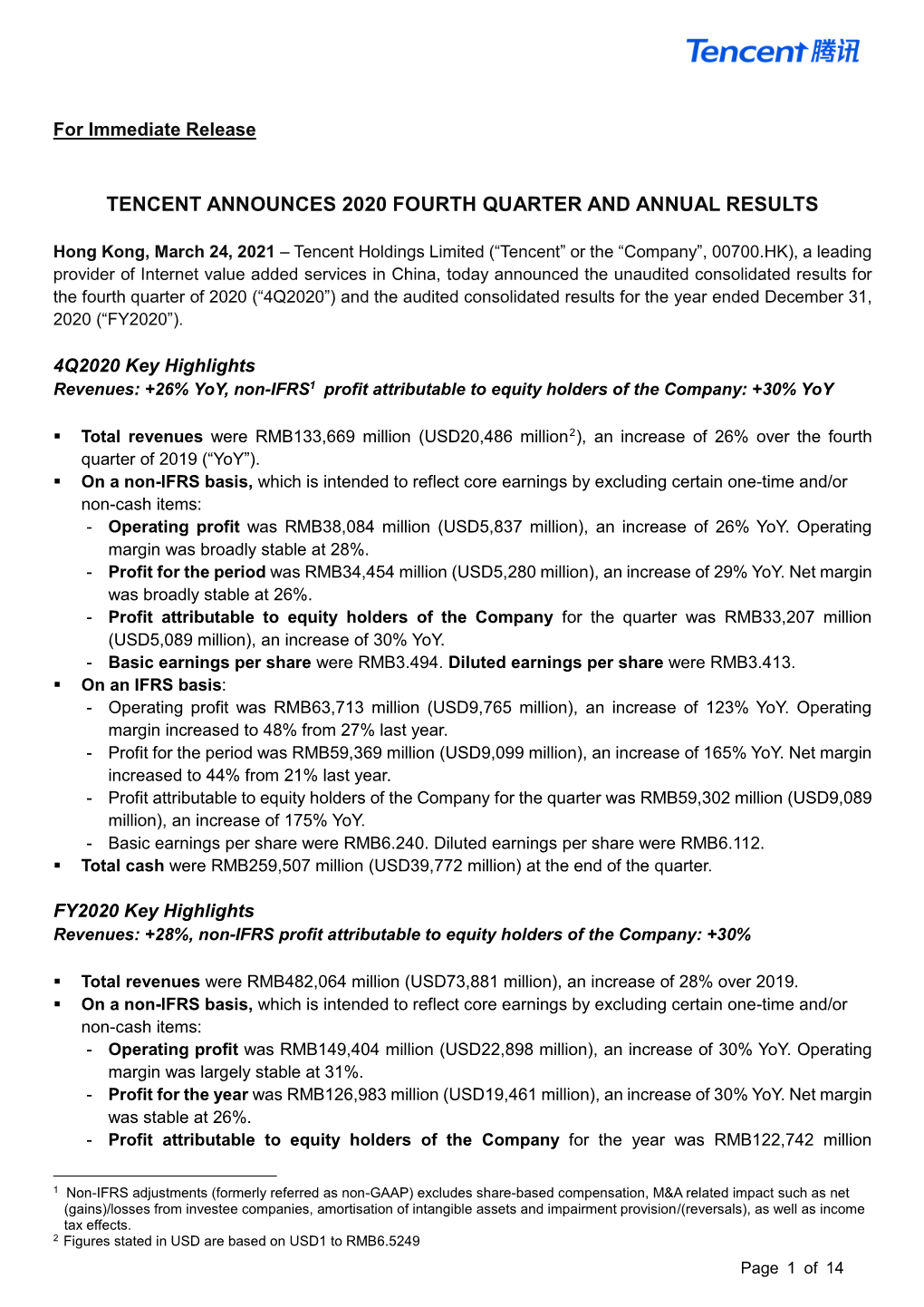 Earnings by Excluding Certain One-Time And/Or Non-Cash Items: - Operating Profit Was RMB38,084 Million (USD5,837 Million), an Increase of 26% Yoy