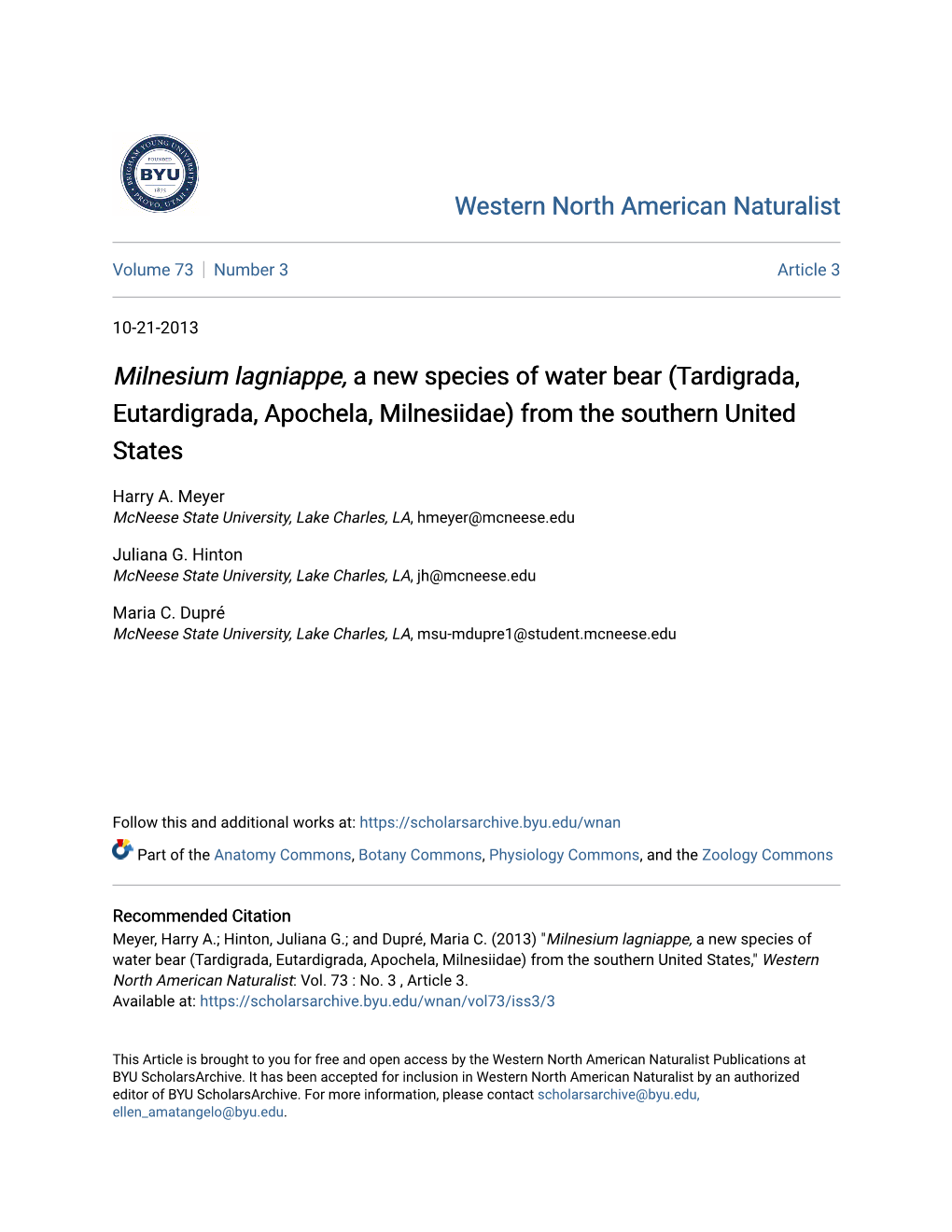 Tardigrada, Eutardigrada, Apochela, Milnesiidae) from the Southern United States