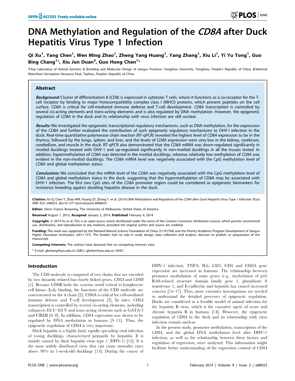 DNA Methylation and Regulation of the CD8A After Duck Hepatitis Virus Type 1 Infection