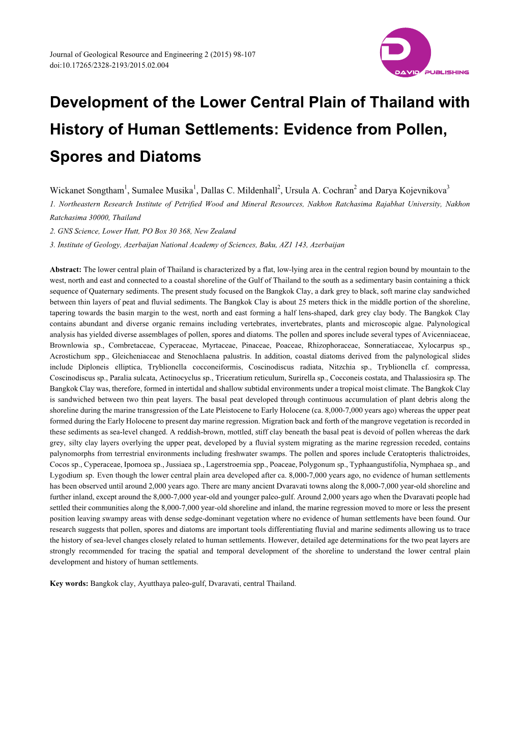 Development of the Lower Central Plain of Thailand with History of Human Settlements: Evidence from Pollen, Spores and Diatoms