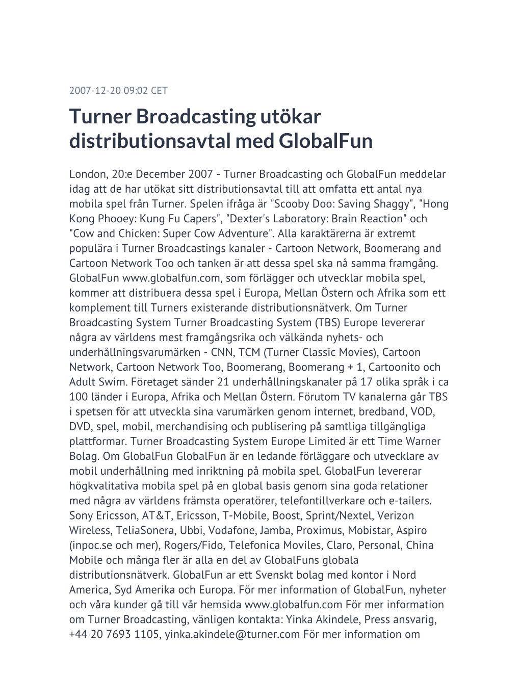 Turner Broadcasting Utökar Distributionsavtal Med Globalfun