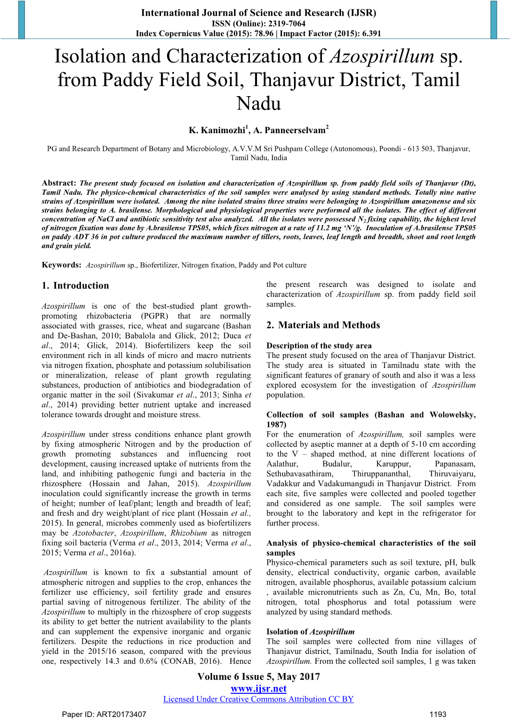 Isolation and Characterization of Azospirillum Sp. from Paddy Field Soil, Thanjavur District, Tamil Nadu