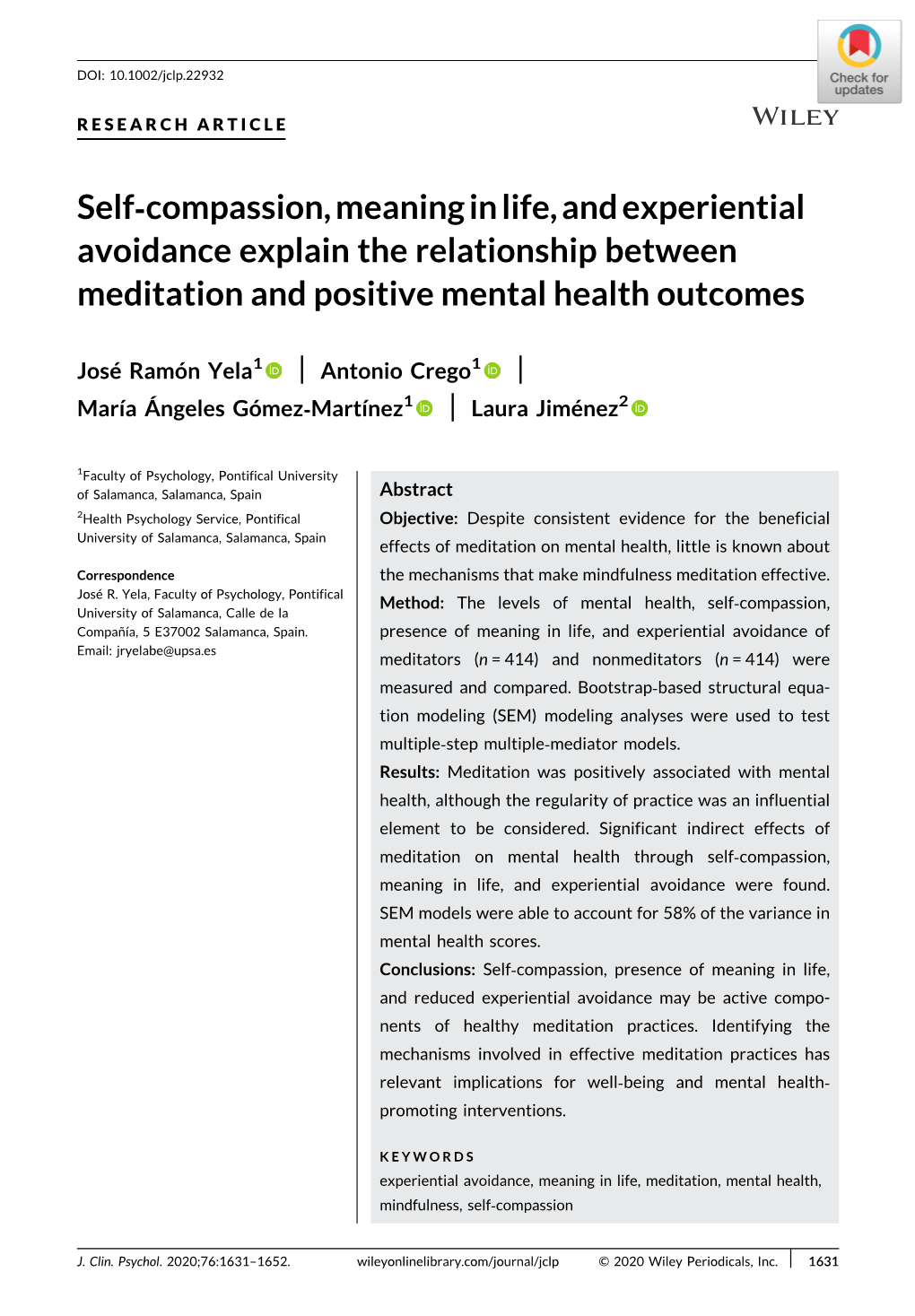 Self‐Compassion, Meaning in Life, and Experiential Avoidance Explain the Relationship Between Meditation and Positive Mental Health Outcomes