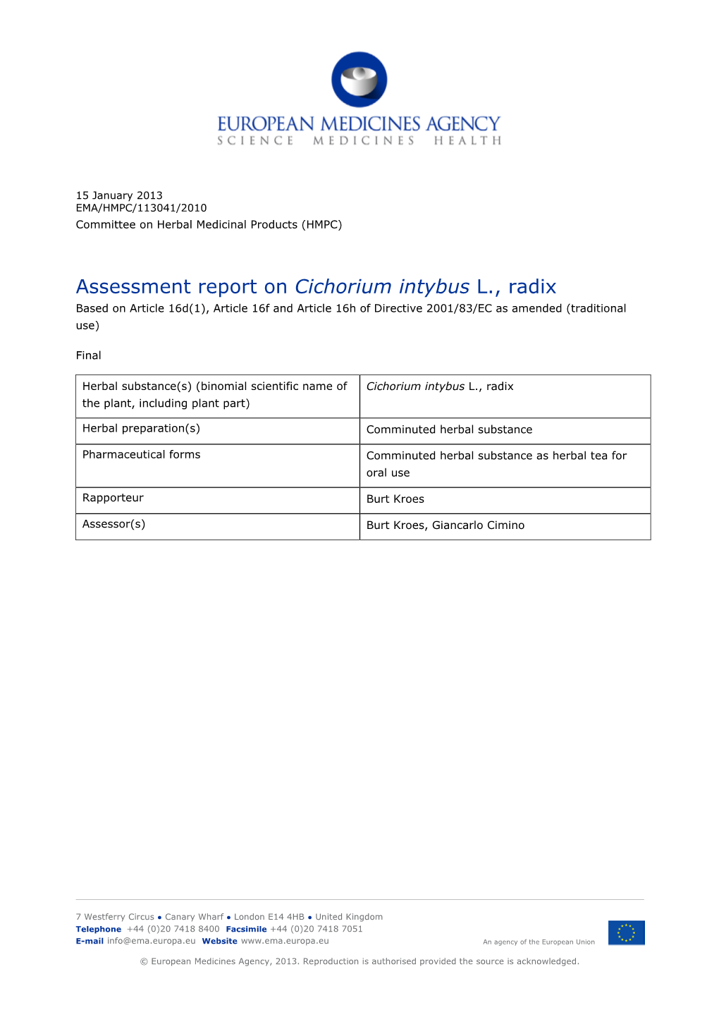 List Item Final Assessment Report on Cichorium Intybus L., Radix