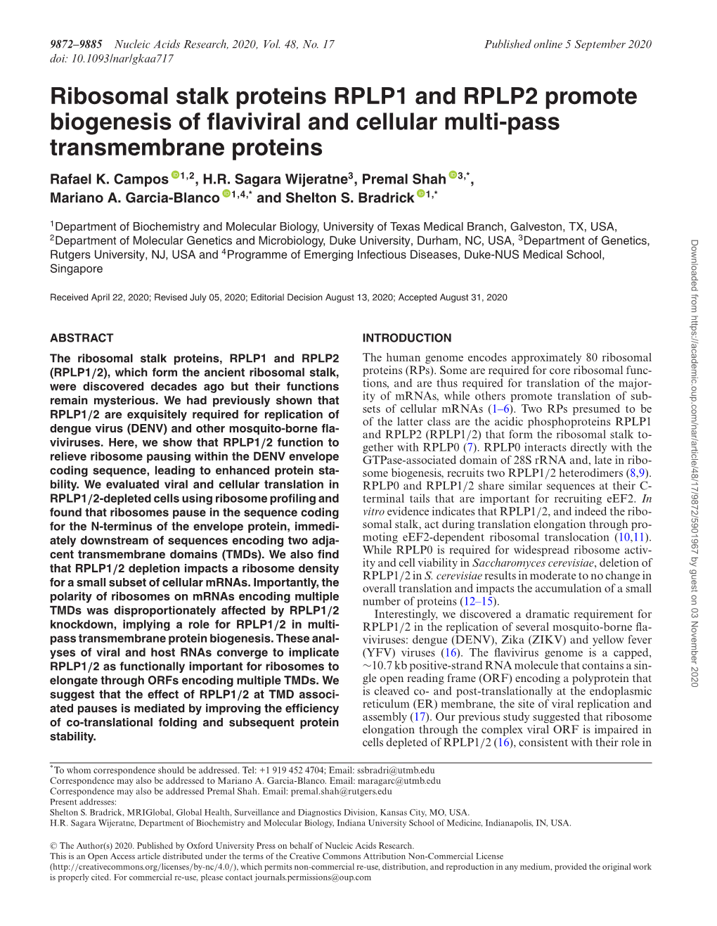 Ribosomal Stalk Proteins RPLP1 and RPLP2 Promote Biogenesis of ﬂaviviral and Cellular Multi-Pass Transmembrane Proteins Rafael K