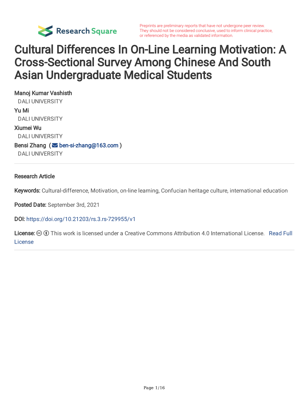 Cultural Differences in On-Line Learning Motivation: a Cross-Sectional Survey Among Chinese and South Asian Undergraduate Medical Students