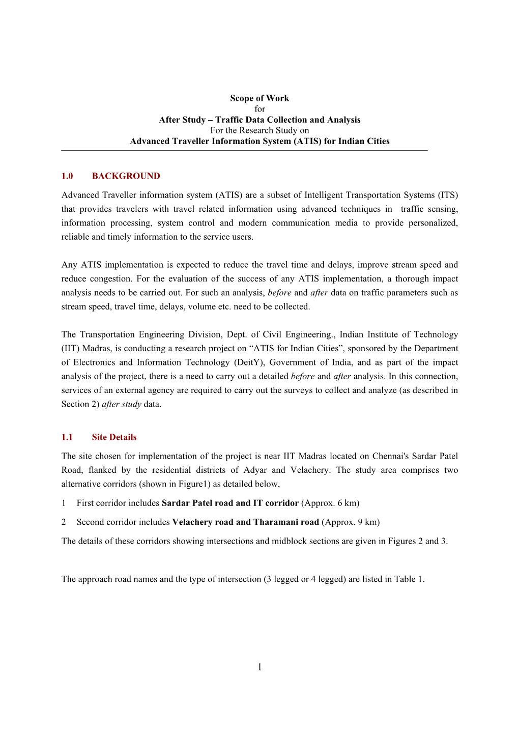 Scope of Work for After Study – Traffic Data Collection and Analysis for the Research Study on Advanced Traveller Information System (ATIS) for Indian Cities