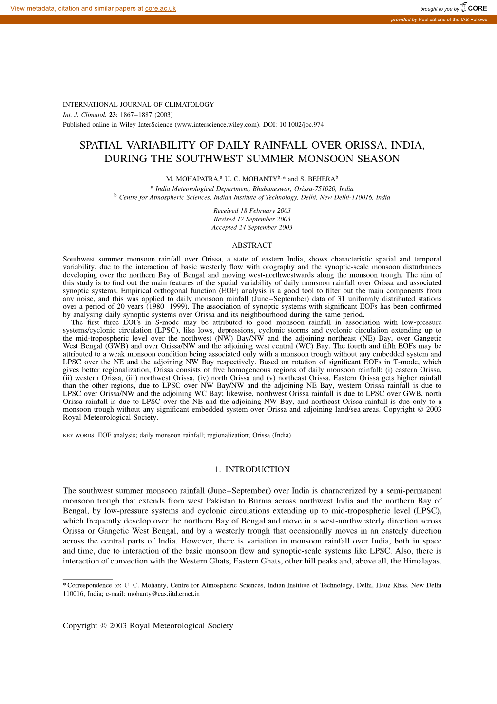 Spatial Variability of Daily Rainfall Over Orissa, India, During the Southwest Summer Monsoon Season