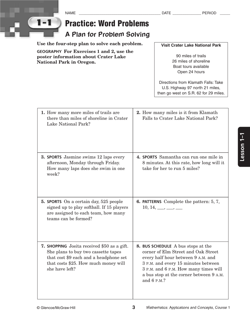 Word Problems _____ PERIOD DATE ______NAME a Planfor Problem Solving Asmine Swims12lapsevery Reecss1ad2 Usethe Or Exercises1and2, J Osita Received$50Asagift