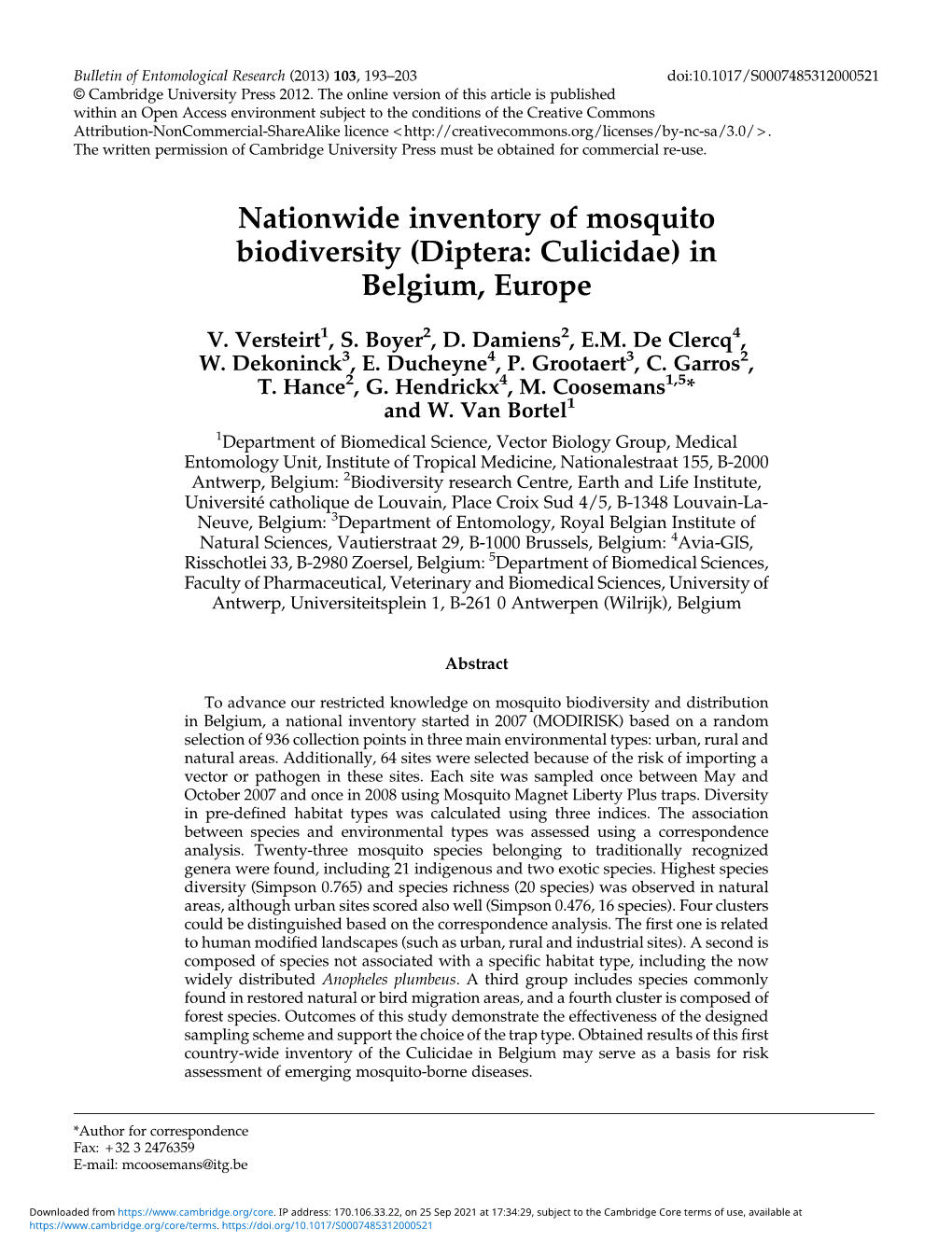 Nationwide Inventory of Mosquito Biodiversity (Diptera: Culicidae) in Belgium, Europe