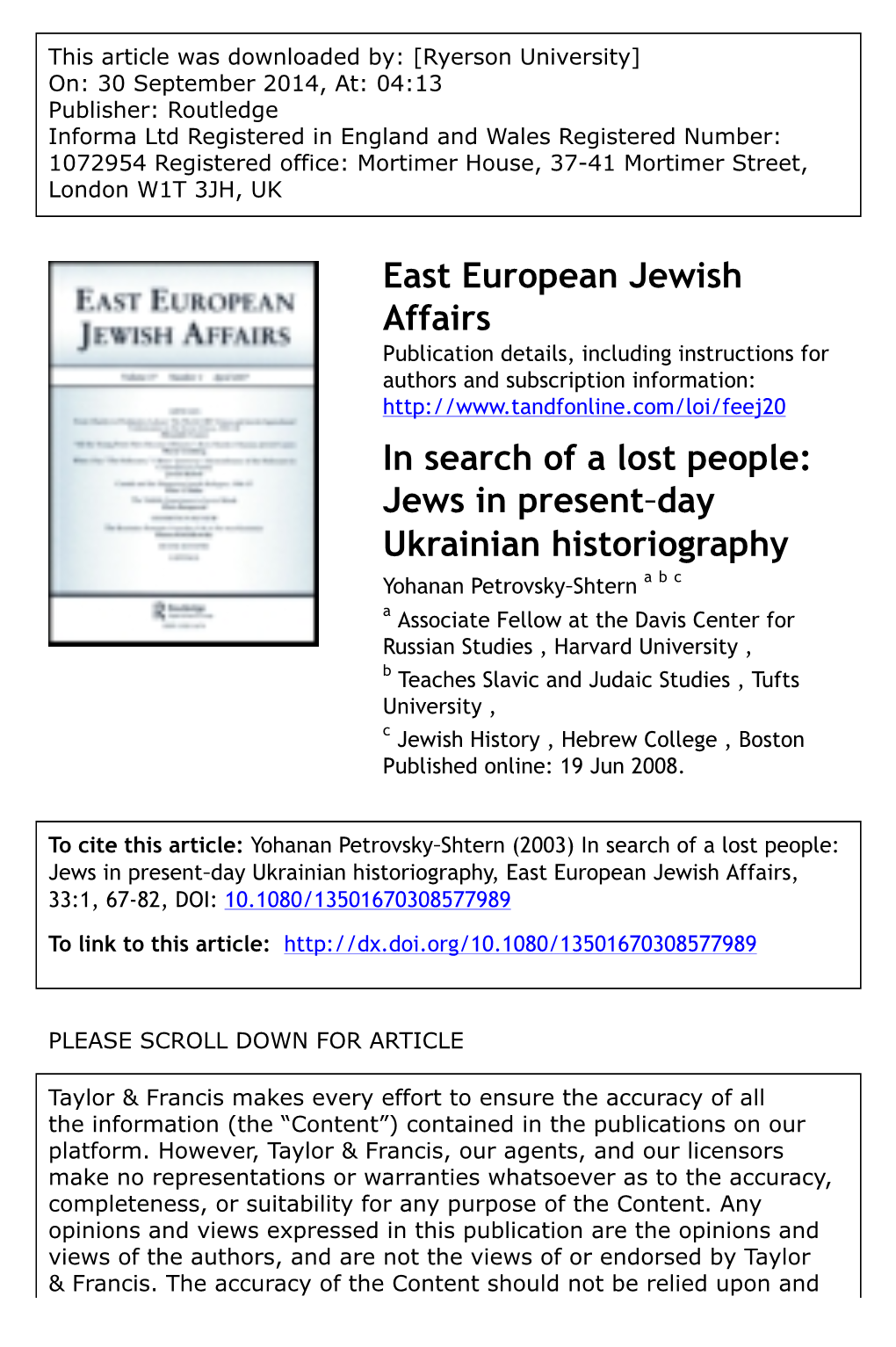 Jews in Present‐Day Ukrainian Historiography