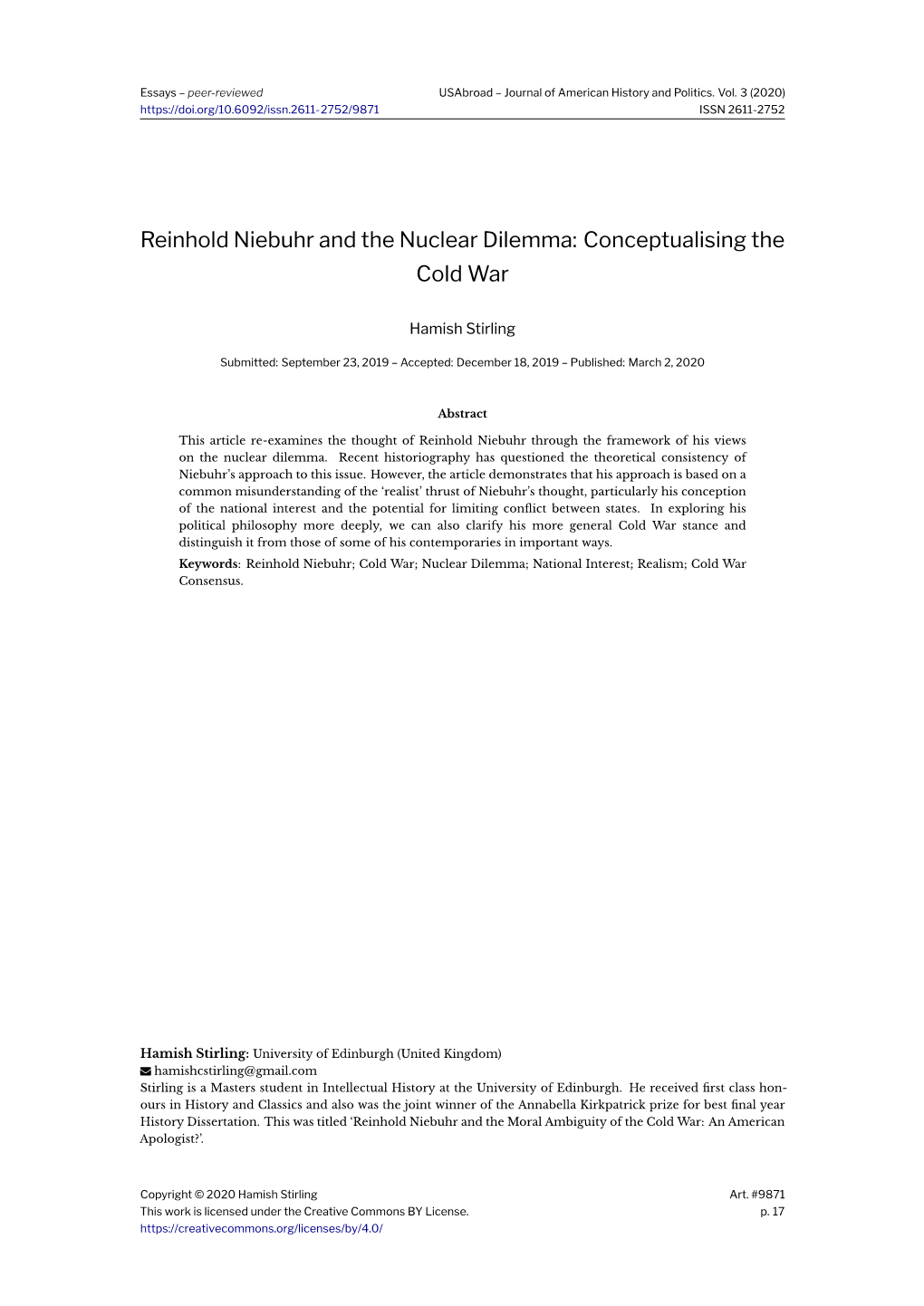 Reinhold Niebuhr and the Nuclear Dilemma: Conceptualising the Cold War