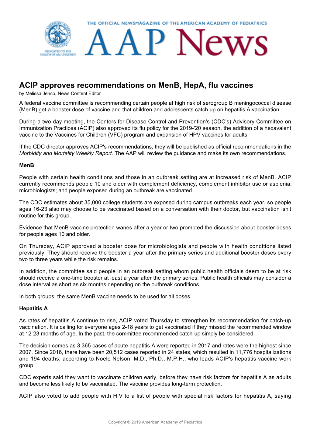ACIP Approves Recommendations on Menb, Hepa, Flu Vaccines