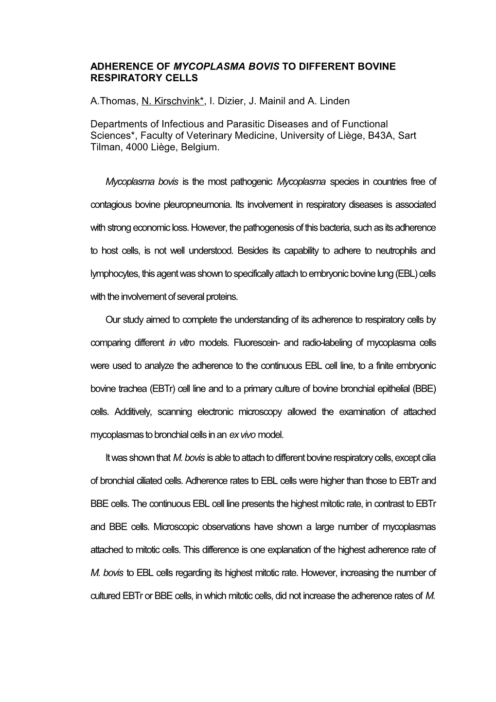 Adherence of Mycoplasma Bovis to Various Respiratory Cells