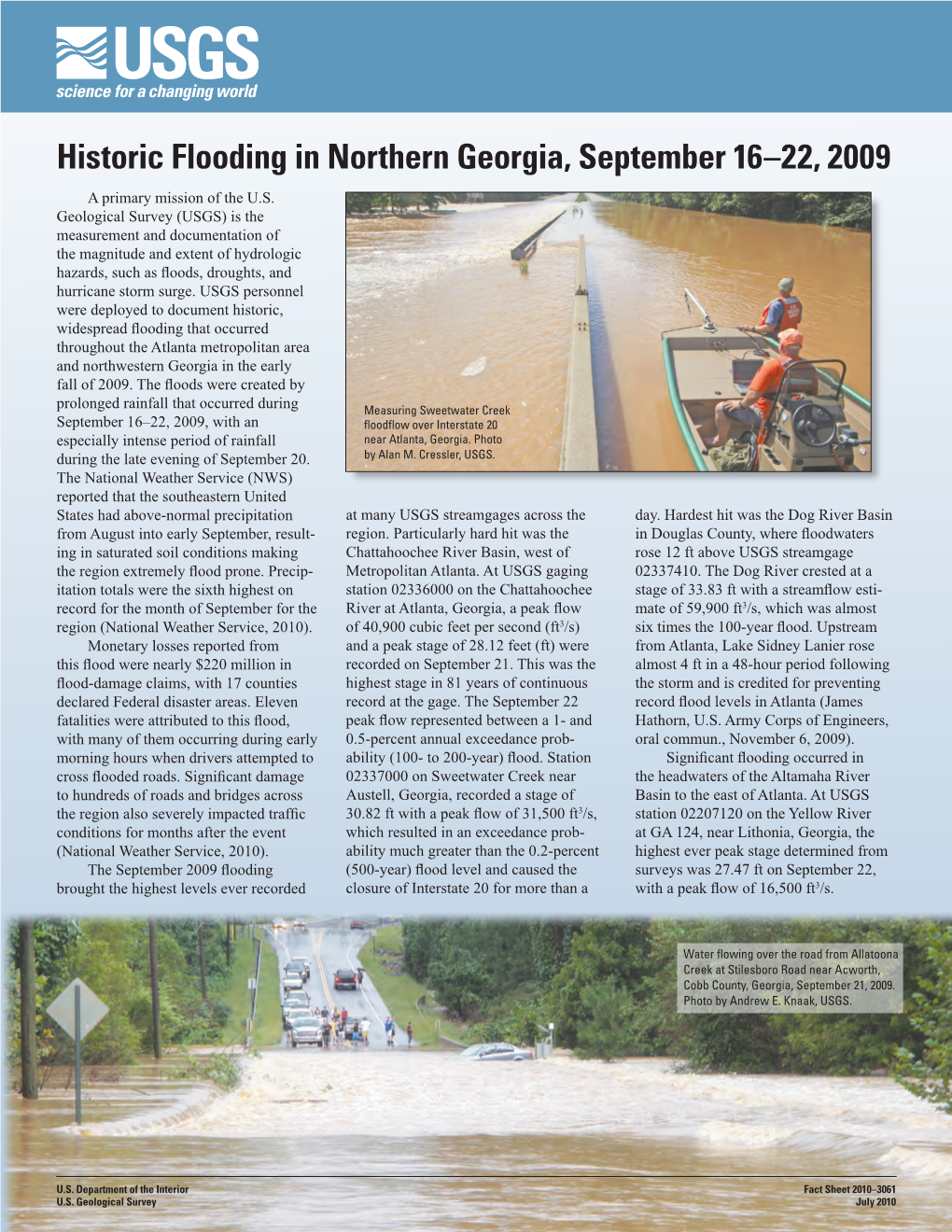 Historic Flooding in Northern Georgia, September 16–22, 2009 a Primary Mission of the U.S