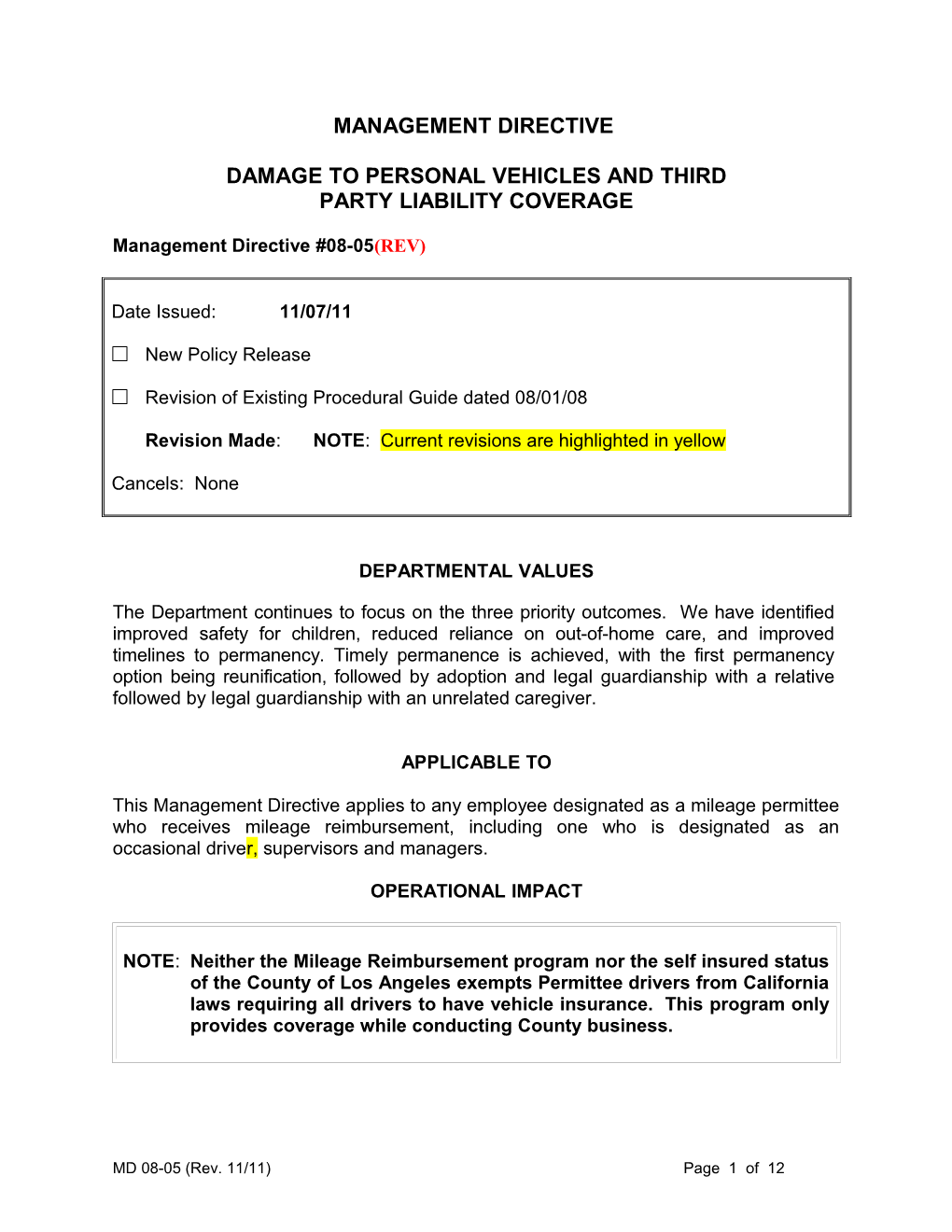 MD 08-05(REV), Damage to Perxonal Vehicles and Third Party Liability Coverage