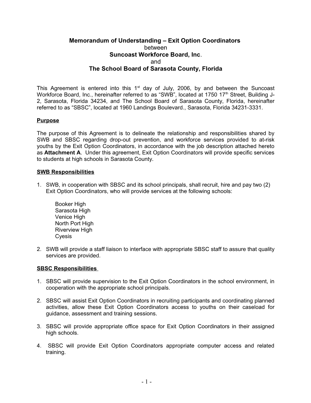 Memorandum of Understanding Exit Option Coordinators