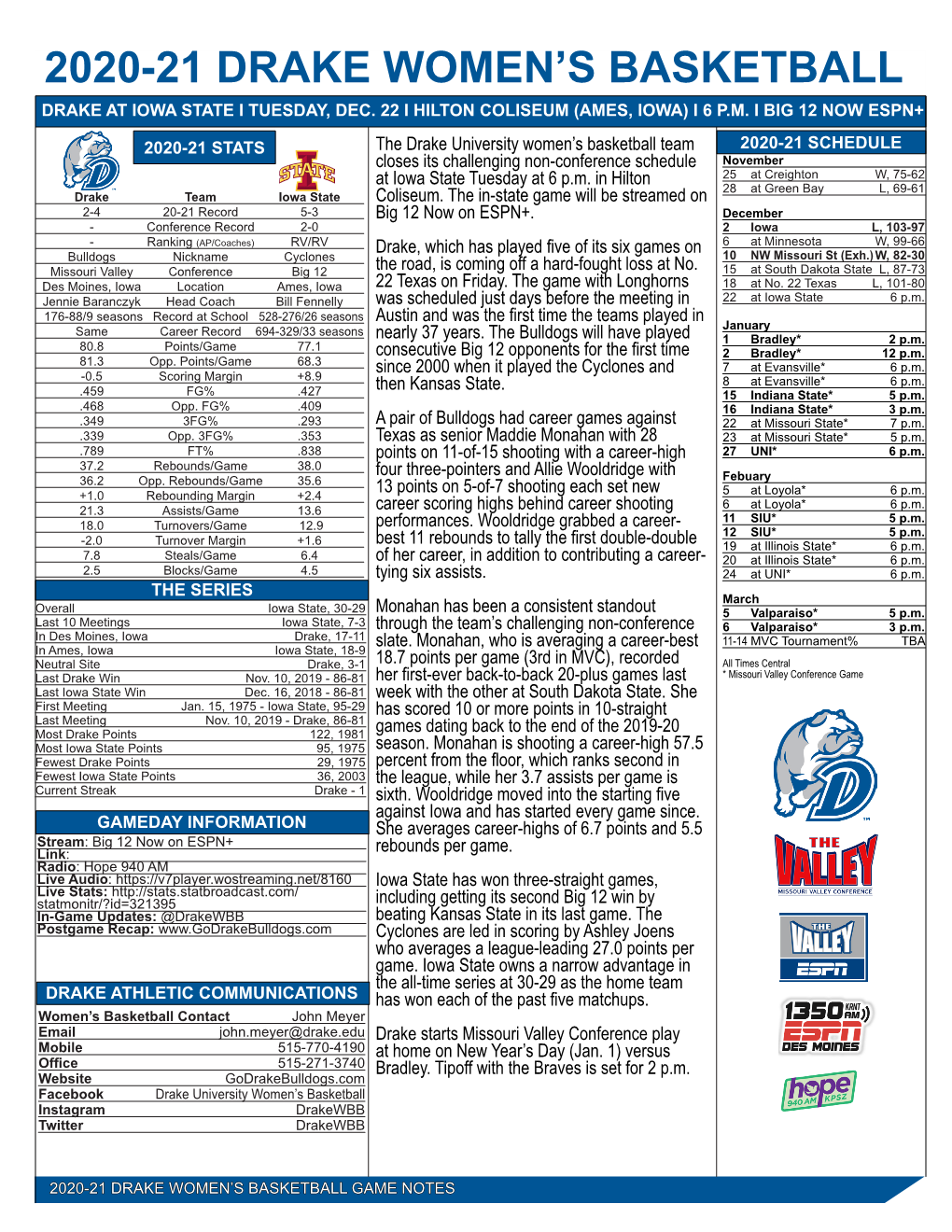 2020-21 Drake Women's Basketball Page 1/1 Combined Team Statistics As of Dec 19, 2020 All Games