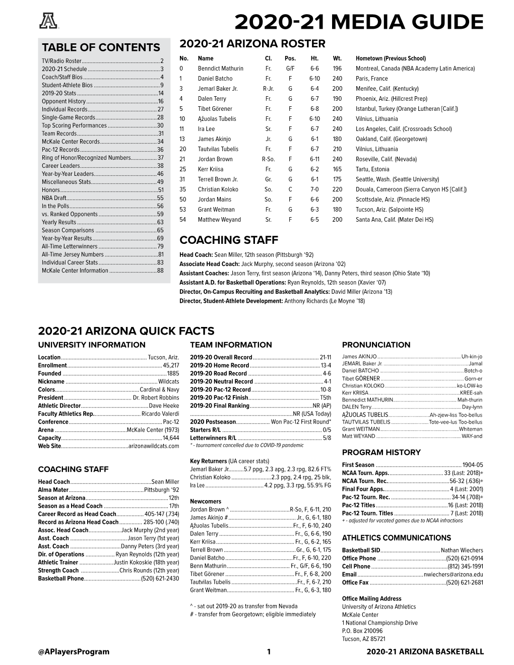 2020-21 MEDIA GUIDE TABLE of CONTENTS 2020-21 ARIZONA ROSTER TV/Radio Roster
