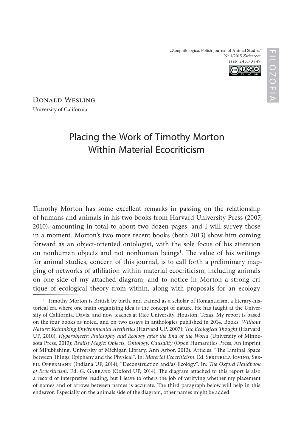 Placing the Work of Timothy Morton Within Material Ecocriticism