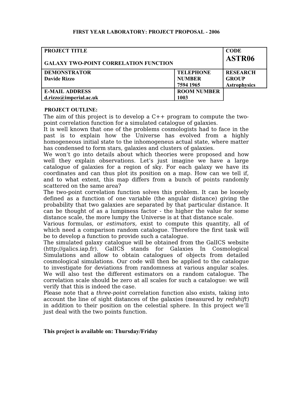 First Year Laboratory: Project Proposal