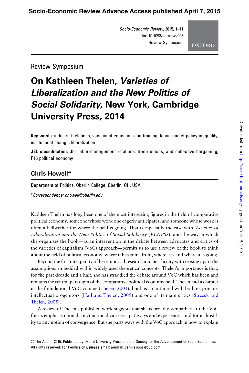 On Kathleen Thelen, Varieties of Liberalization and the New Politics of Social Solidarity, New York, Cambridge