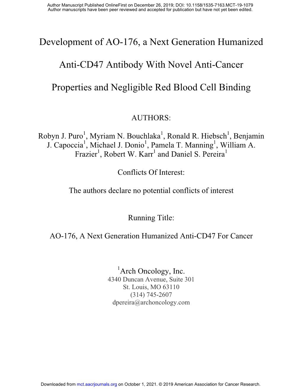 Development of AO-176, a Next Generation Humanized Anti-CD47 Antibody with Novel Anti-Cancer Properties and Negligible Red Blood Cell Binding