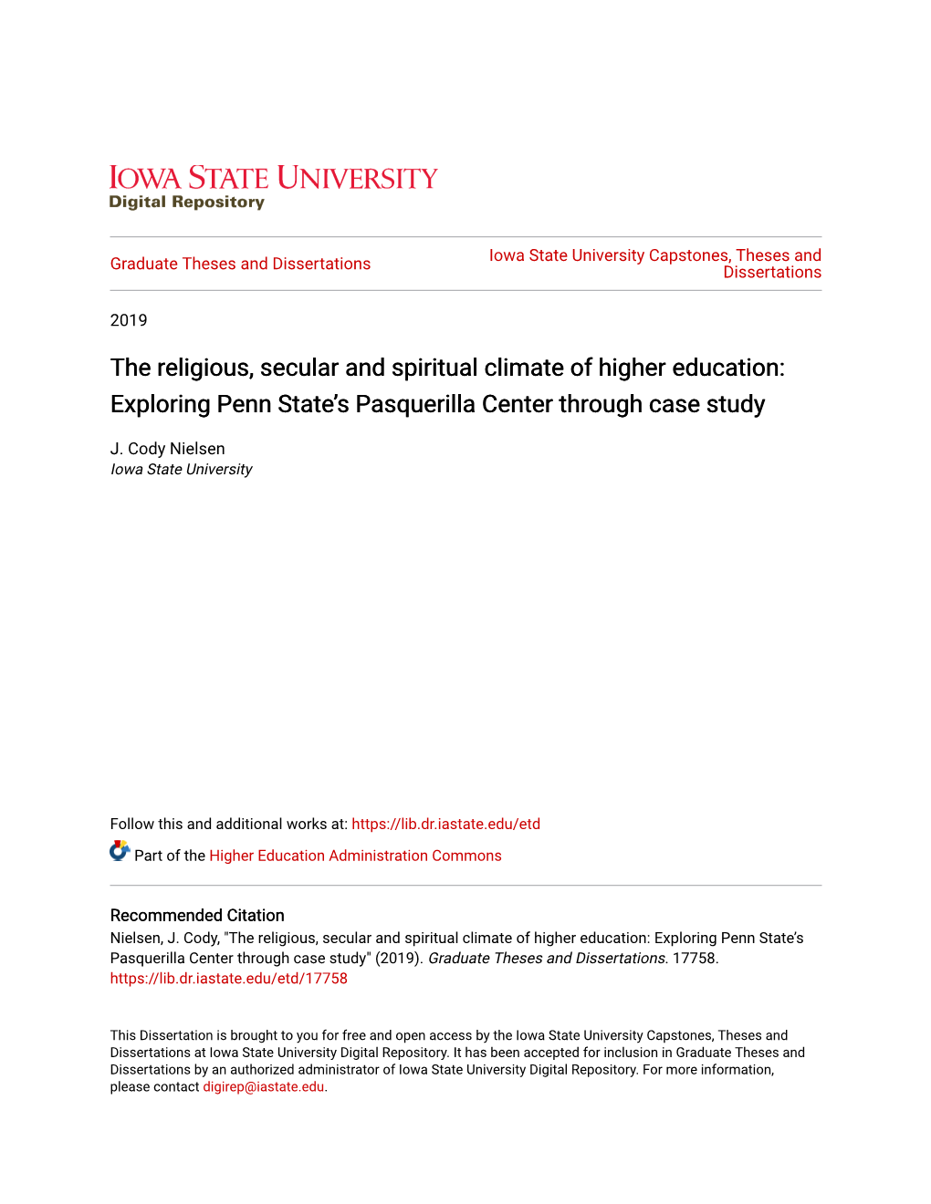 The Religious, Secular and Spiritual Climate of Higher Education: Exploring Penn State’S Pasquerilla Center Through Case Study